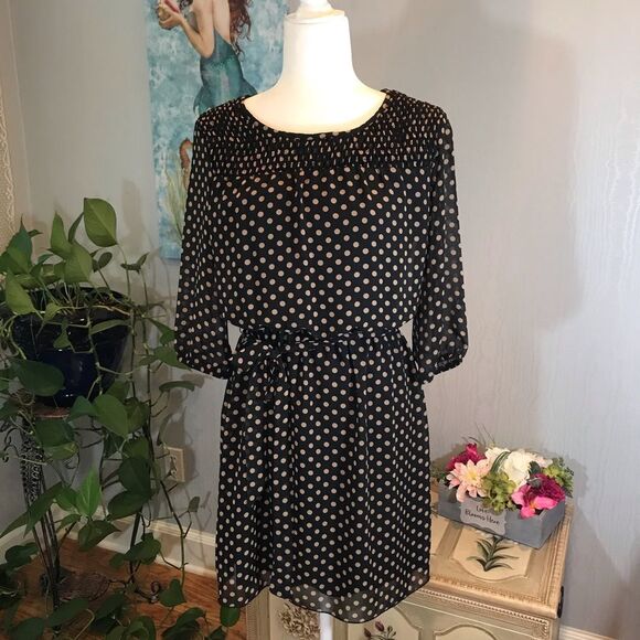 Enfocus Petite Polka Dot Sheer Sleeve Lined Dress Black Sz 8P - Picture 2 of 10